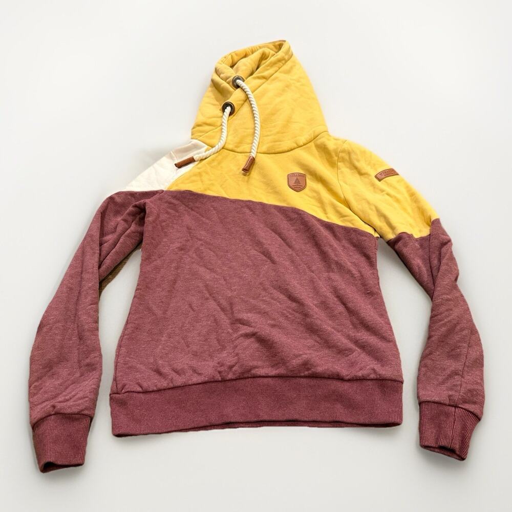 Wanakome Mens Burgundy Yellow Pullover Hooded Sweatshirt Heavy Rope Cowl Size M